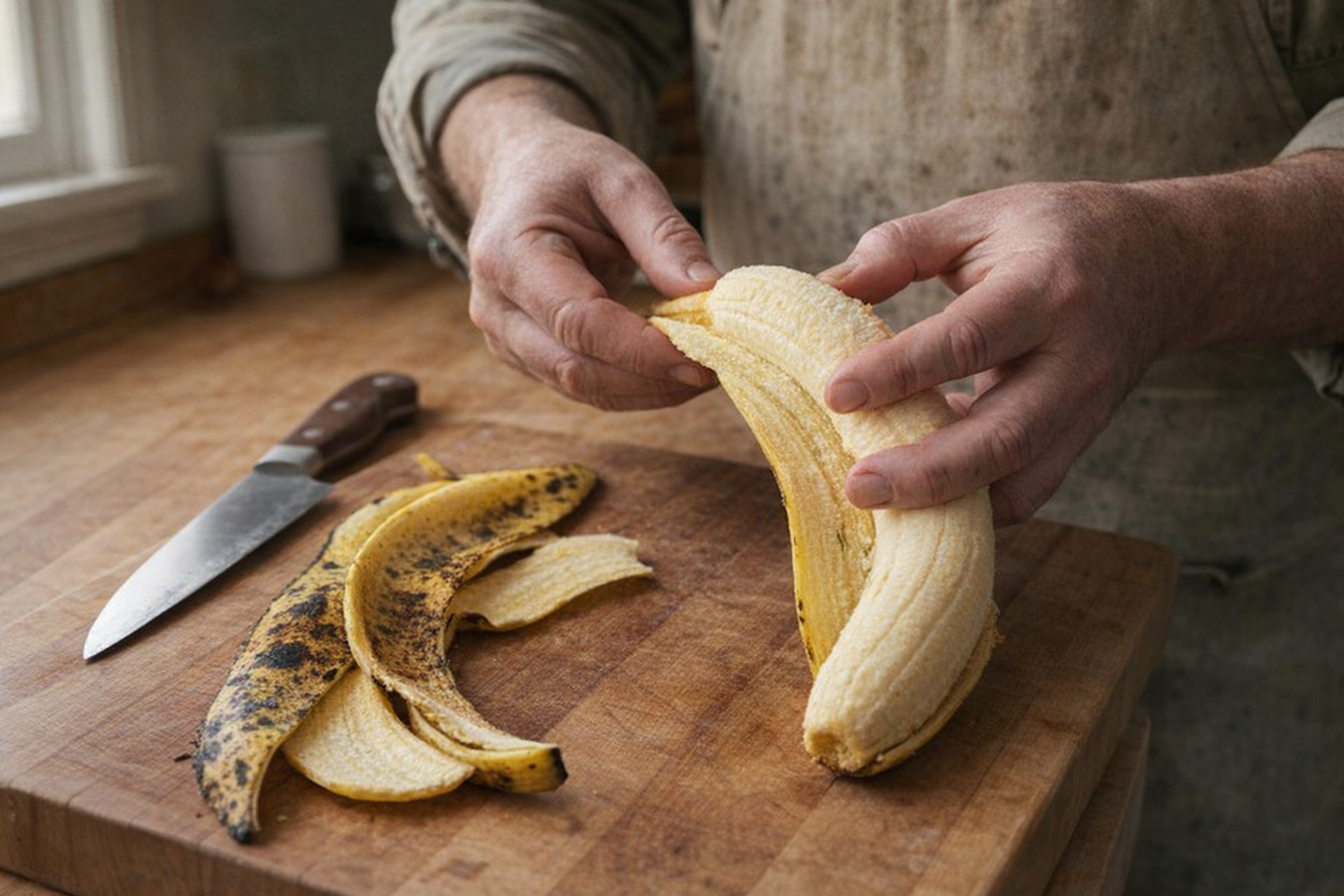 A medium shot of hands peeling a ripe plantain on a wooden cutting board, knife and peeled plantain skin visible, natural window light